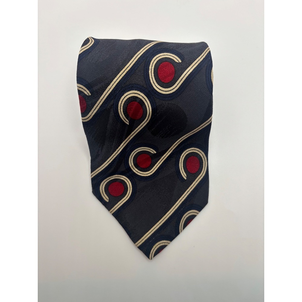 Carlo Palazzi Italy Silk Tie Navy Blue Red Geometric Abstract Swirl Print Mens